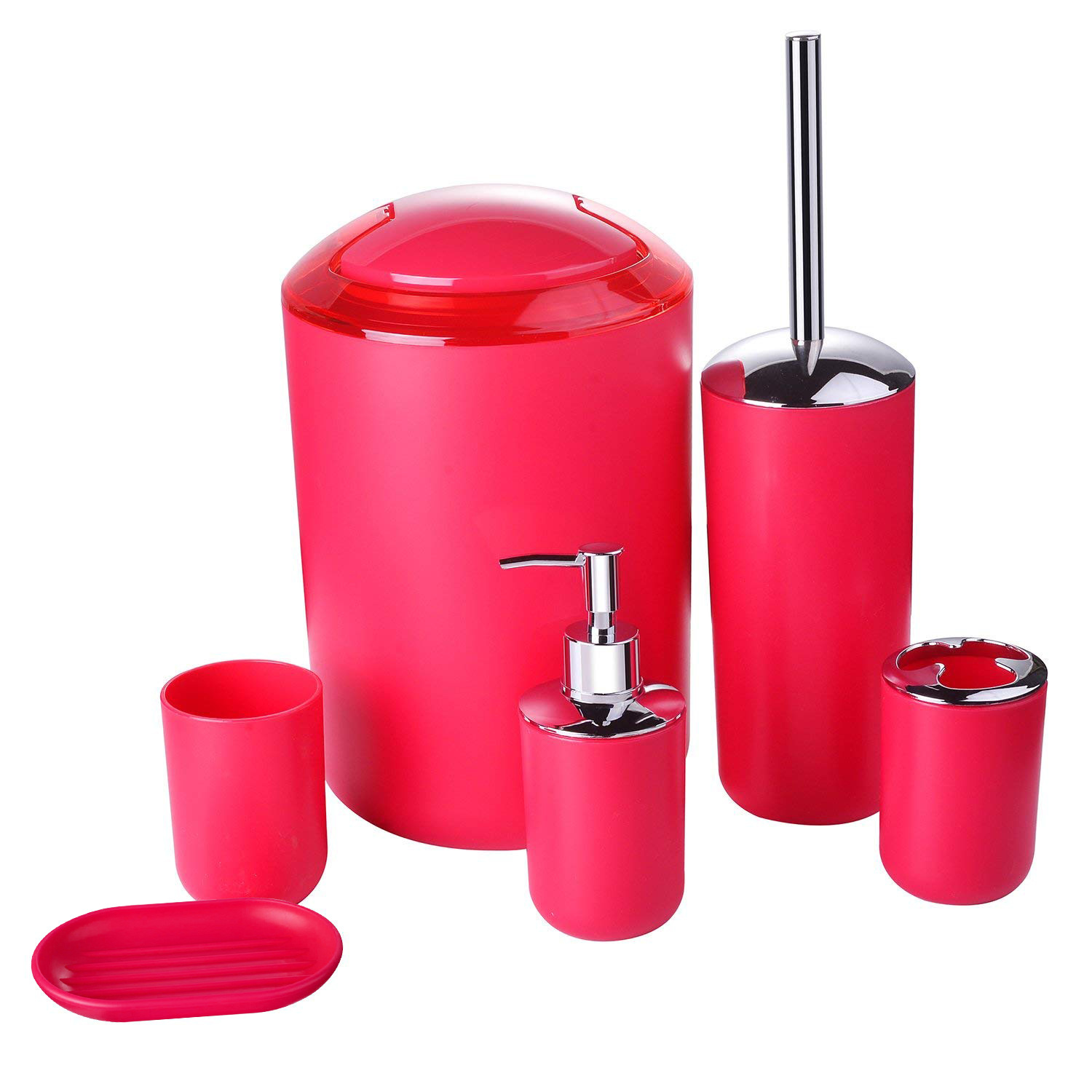 Luxe Badkamer Accessoires Set 6 Pcs Plastic Set Tandenborstelhouder Cup Zeepdispenser Zeepbakje Toiletborstel Prullenbak set: Red