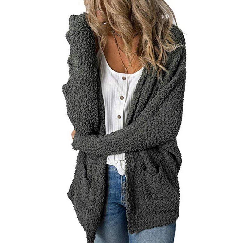 Las mujeres delgadas suéteres de Batwing manga larga Cardigan otoño punto cárdigan abierto por delante abrigo sudadera con bolsillos de chaqueta: Dark Gray / XL