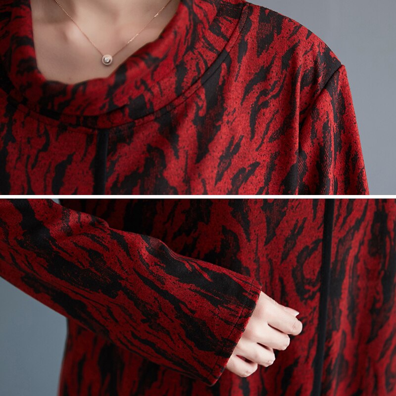 DIMANAF-vestido estampado de talla grande para mujer, vestido vintage de cuello alto, de invierno, holgado, grueso, de manga larga, Indie Folk