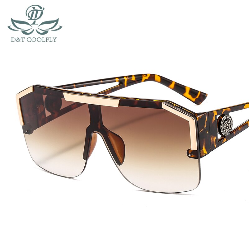 D&T Shield Sunglasses Men Women Color Lens Alloy Frame Rectangle Brand Sunglasses UV400: leopard