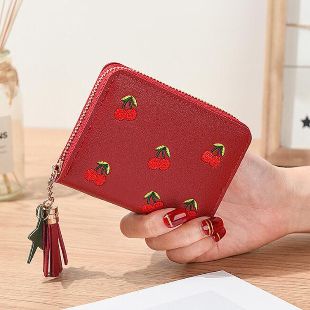 PU Cherry Embroidered Short Women Wallet Zipper Coin Purse Tassel Women Clutch Purses Cards Holder Coin Pocket: Red