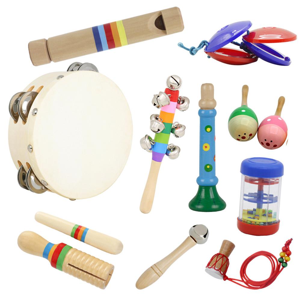 10 stk orff musikinstrument sæt hånd tamburin + regn lyd rør + lydrør + fløjte + rangle + vægtstang + horn + maracas + halskæde + castanet