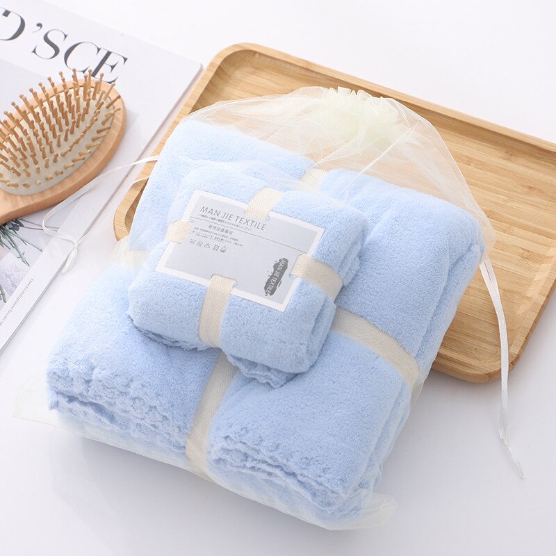 2PCS 70X140cm+35X70cm Solid High Density Coraline Coral Velvet Towel Water Absorption Soft Bathroom Towel Sets for Adults: light-blue
