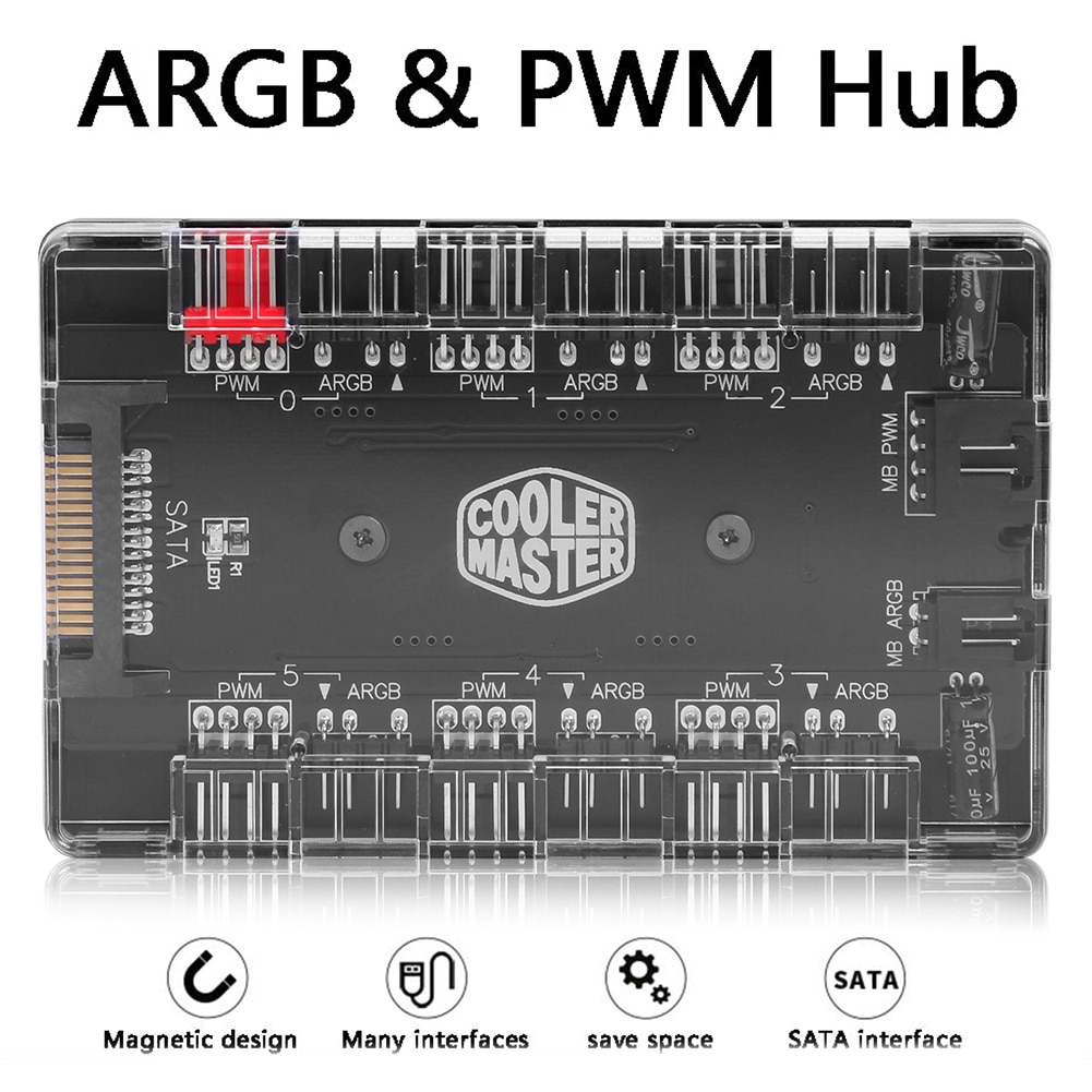 Cooler master 1 to 6 multi way splitter 5v/3 pin rgb case fan hub adapter pwm argb addressble fan power interface sata