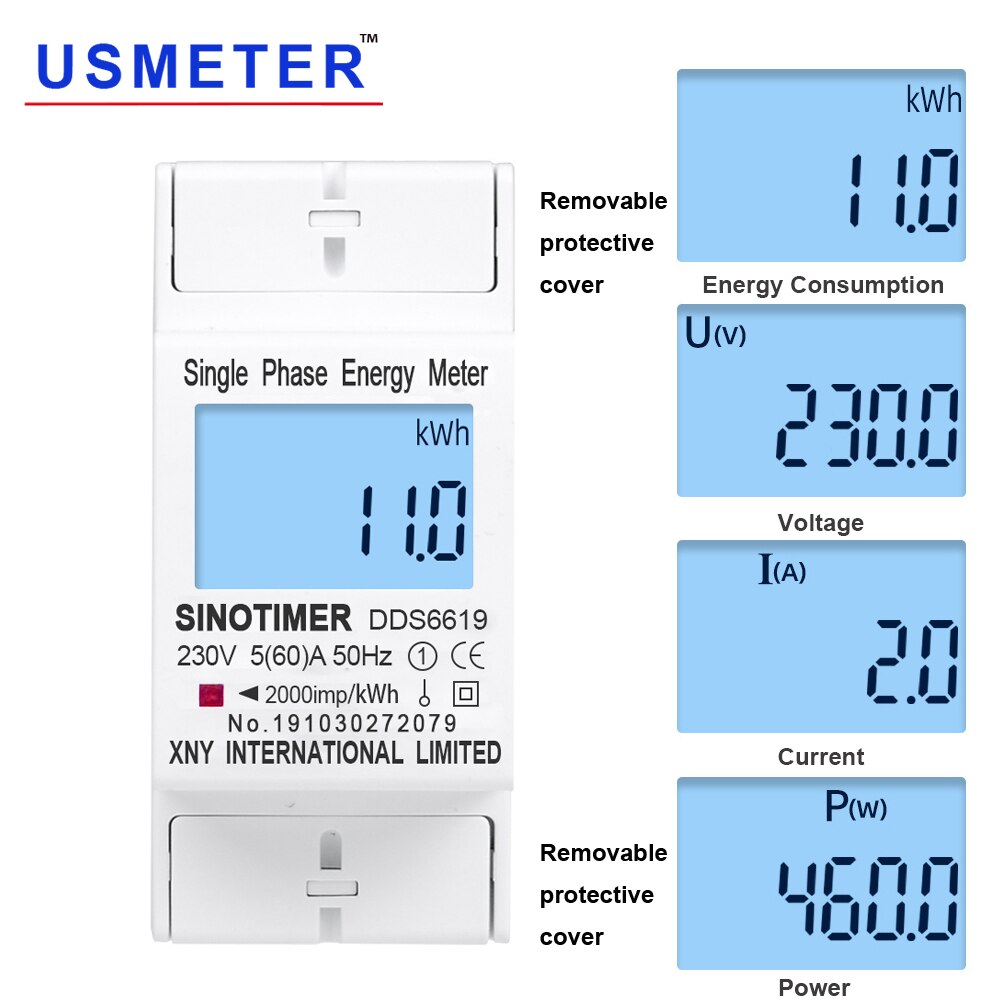 Nyt udseende 60a 230v ac digitalt strømforbrug kwh meter lcd-enkeltfase energimåler wattmeter med multifunktion: Med baggrundslys