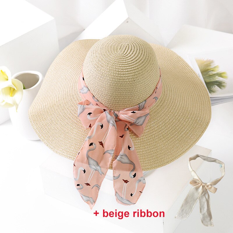 USPOP -chapeaux de soleil pour femmes, chapeau en paille, fait à la main, chapeau de plage à large bord, avec nœud papillon, ombre anti uv, été décontracté: Beige 2