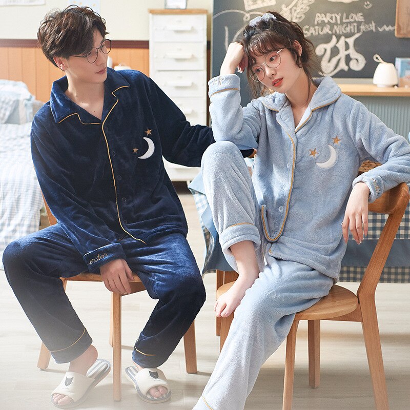 Winter Couples Pajamas Set Cute Moon Star Flannel For Women Pajamas Men Plush Sleepwear Pyjamas Suit Home Clothing Sleep