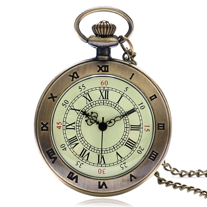 Eenvoudige stijl steampunk beige wijzerplaat kleine antieke bronzen romeinse cijfers wijzerplaat quartz zakhorloge ketting hanger heren dames