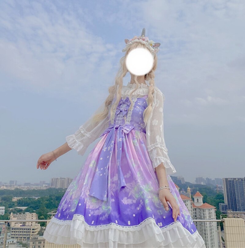 Japanese girl dress Soft Girl Summer Jellyfish lolita dress Daily sling jsk dress Female Kawaii Lolita Dress victorian dress: only dress purple