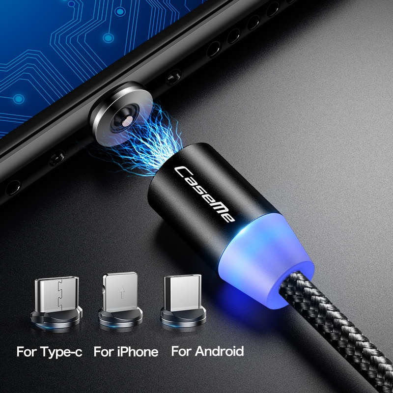 CaseMe-Cable magnético tipo C micro USB para iPhone, Cable LED de carga rápida de 1M, cargador magnético tipo C, conector de teléfono