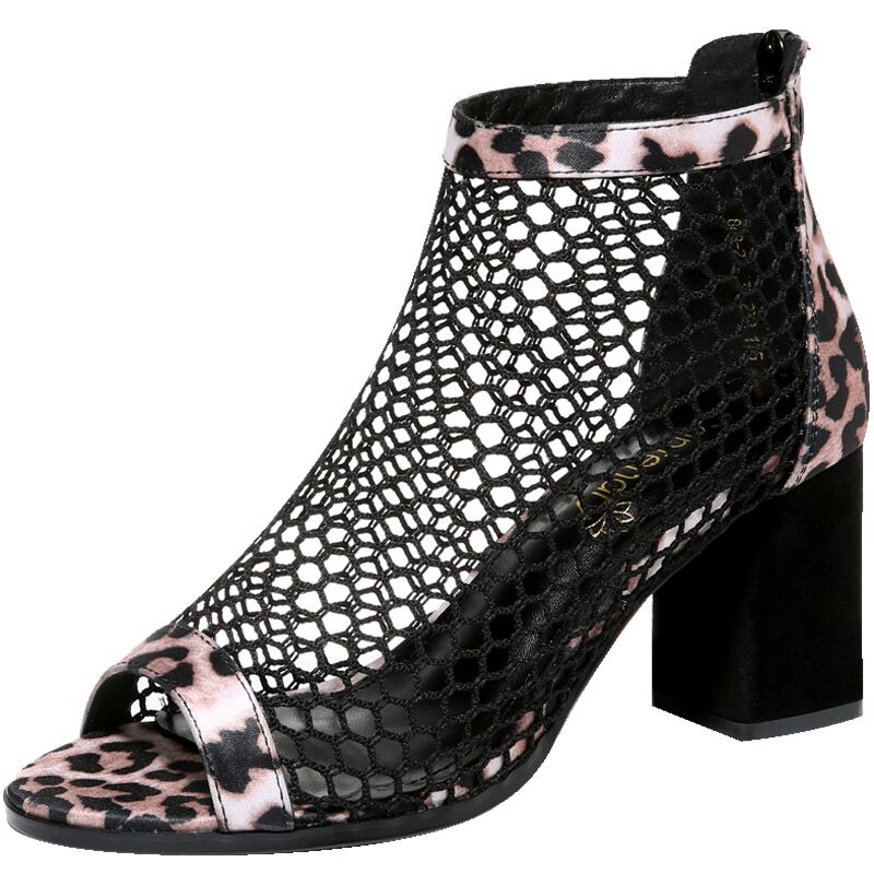 Botines de rejilla con estampado de leopardo para mujer, zapatos sexys de tacón medio, color negro, para verano
