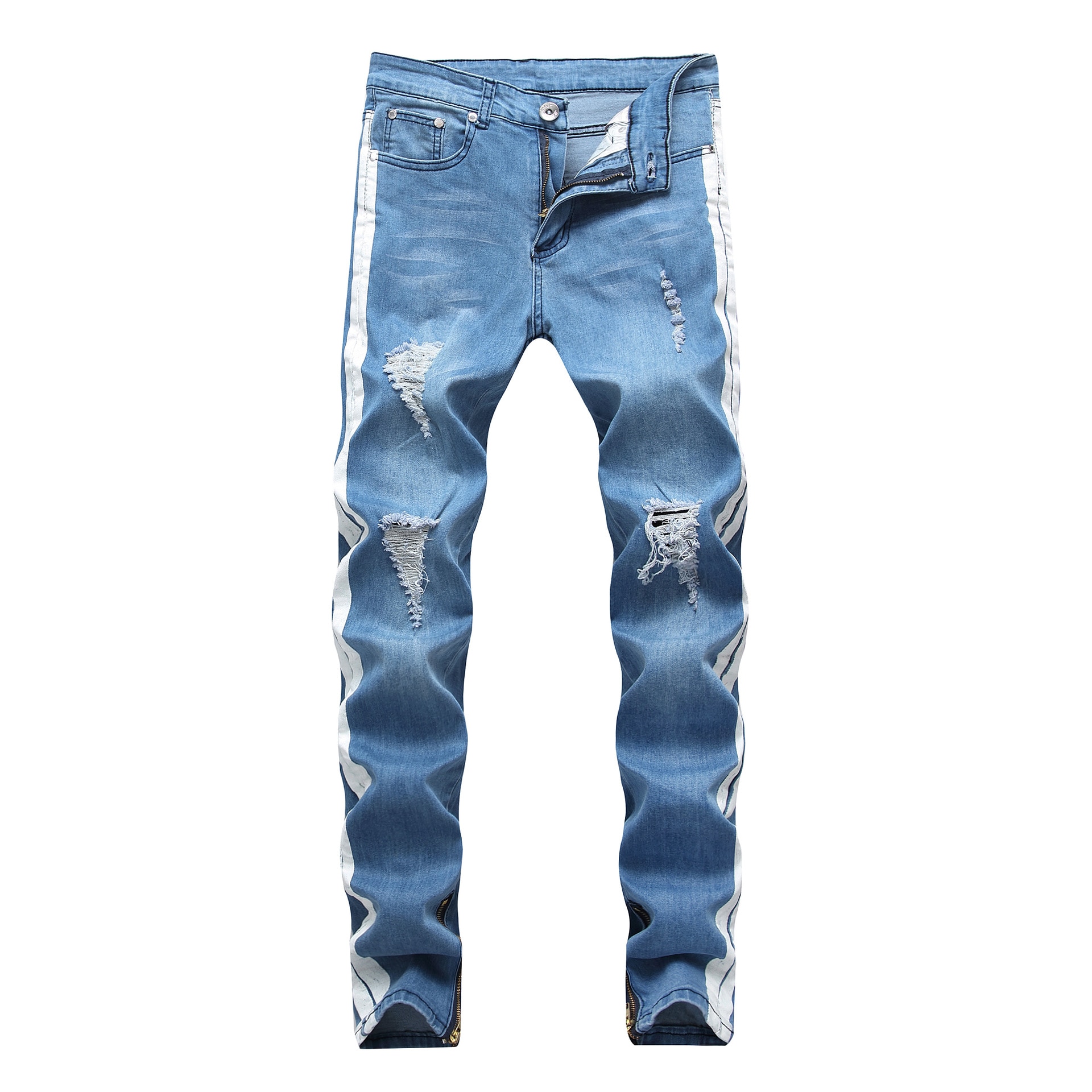 Witte Streep Op Side High Street Jeans Mannen Mode Mannen Denim Broek Katoen Zwart Blauw