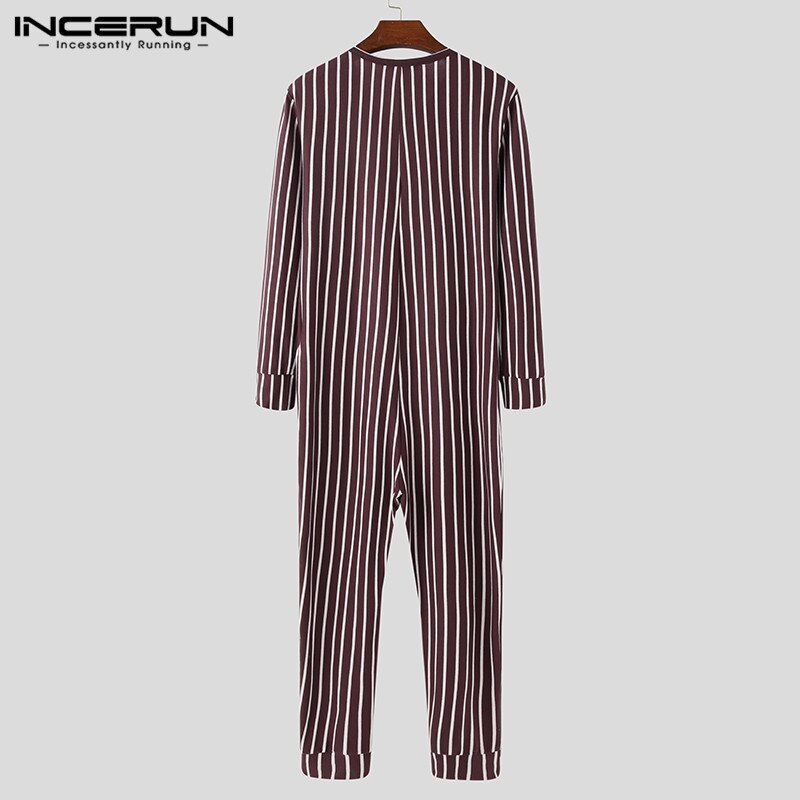 Incerun Mannen Gestreepte Pyjama Jumpsuits Lange Mouwen Button Up Leisure Homewear Rompertjes Cozy O Hals Heren Nachtkleding Overalls S-5XL