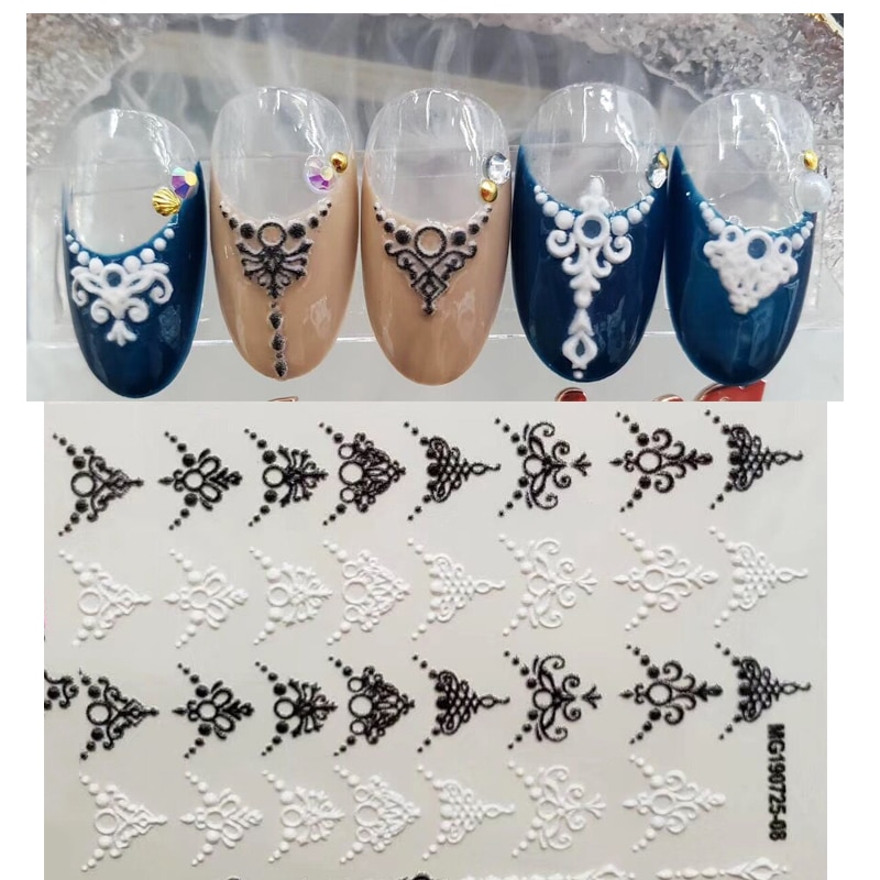 3D arrived Acrylic Engraved Nail Sticker black white lace Water Decals Empaistic Nail Water Slide Decals Z0206