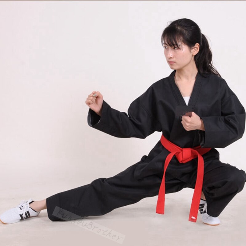 Sort rød taekwondo uniform gi wtf dobok 7.5 oz.  elastisk løbegang medium vægt uniform