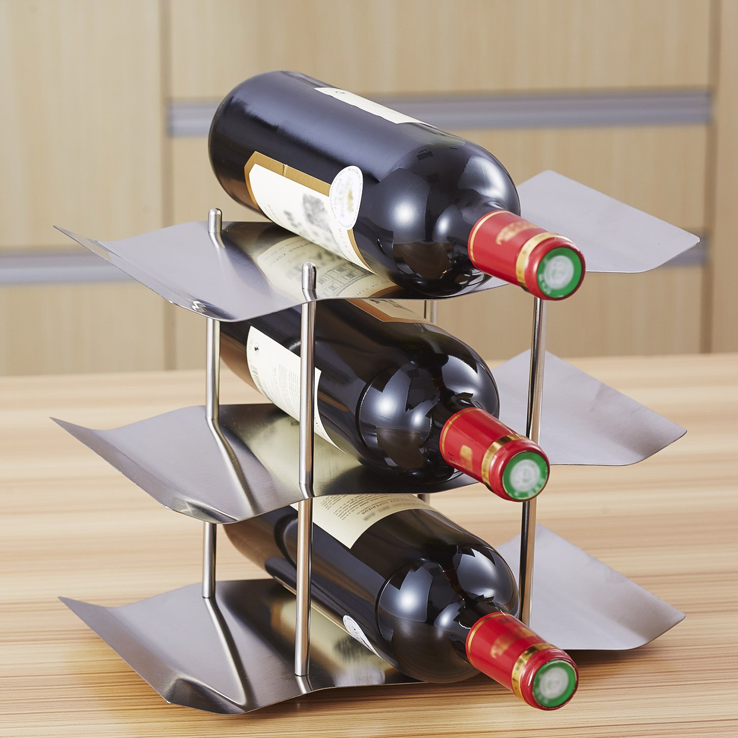 Cremagliera del vino 3 Tiers 9 bottiglie di Cucina In Acciaio Inox Da Tavolo Controsoffitto Freestanding Onda di Vino Cremagliera Mensola di Esposizione del Supporto Del Vino