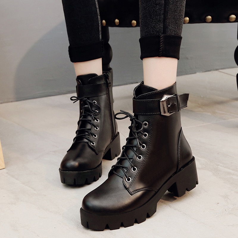 Botines impermeables de piel sintética para mujer, calzado cálido con cordones, para otoño e invierno, de talla grande,