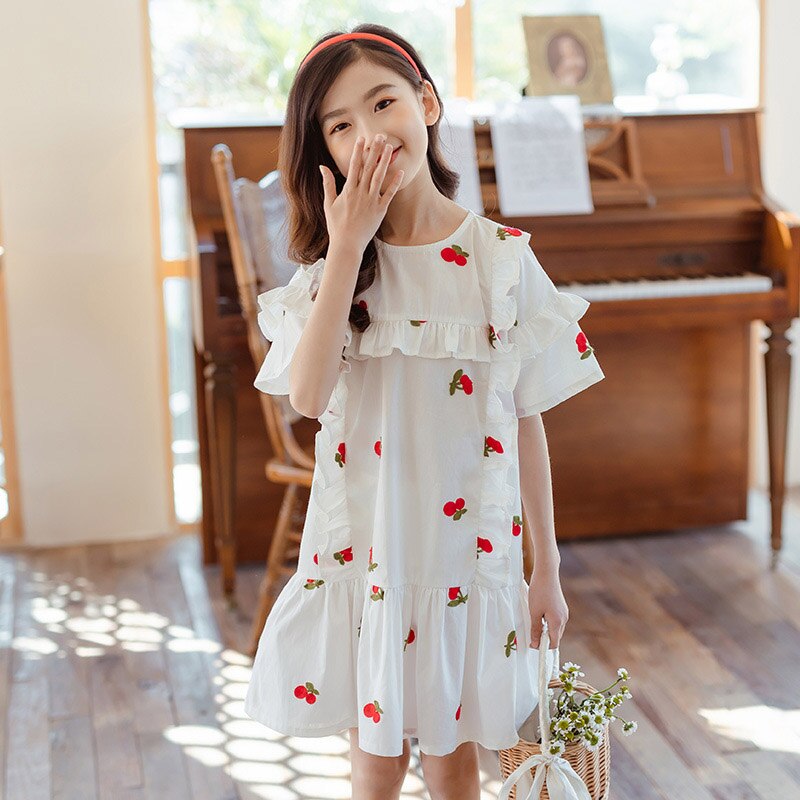 Ricamo Teen Girls Dress Cherry Patterns mezza manica increspature abito estivo in cotone abiti per bambini 6 8 10 12 14 anni
