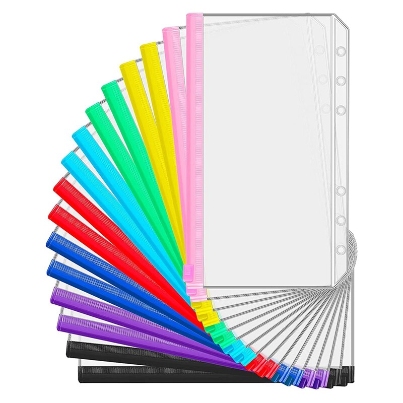 16 Pieces A6 Binder PVC Pockets Loose Leaf Bags Pouch Document Filing Bags for 6-Ring Notebook Binder Planner, 8 Colors: Default Title