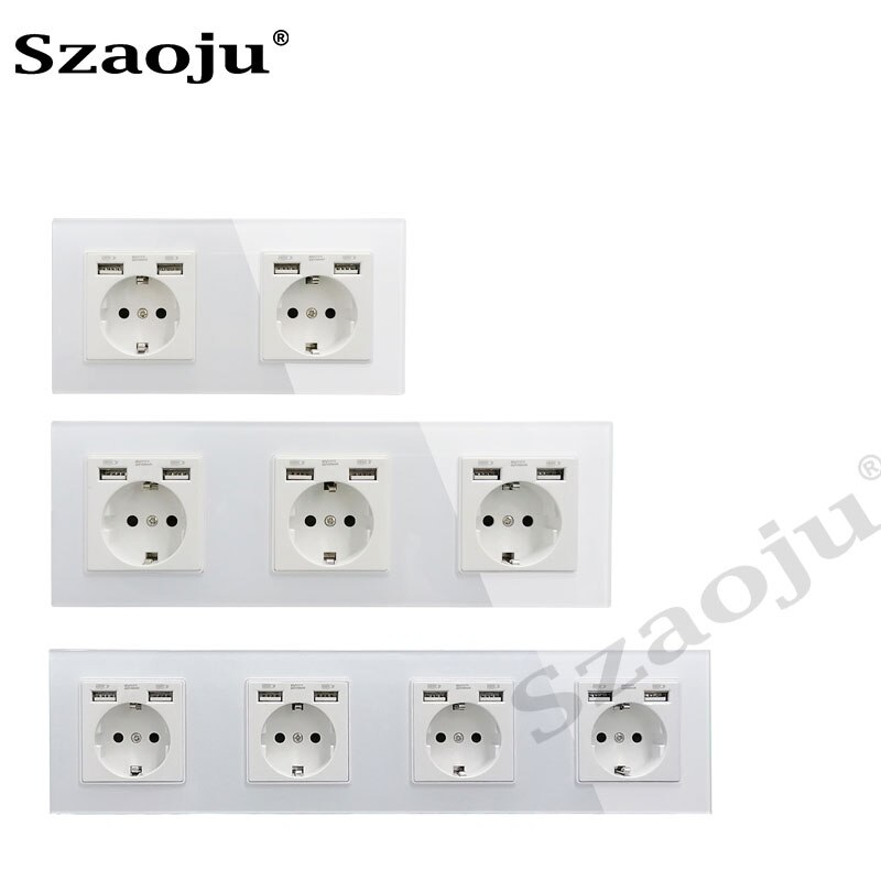 Szaoju wall socket German standard 16A crystal tempered glass panel socket Siamese power socket with USB charging AC110-250V