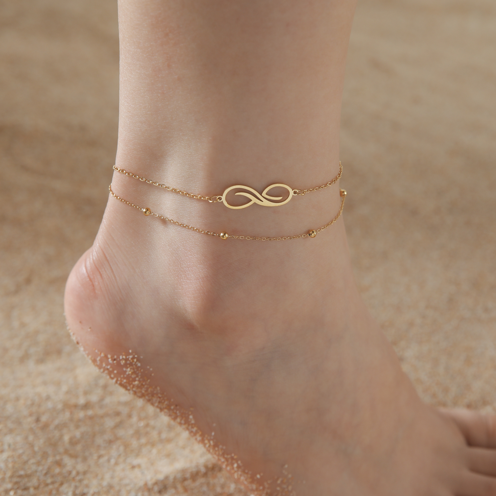 Cazador Animal Cat Dog Paw Anklets for Women Stainless Steel Double Layer Beads Foot Bracelet on the Leg Summer beach Jewelry: Gold-color