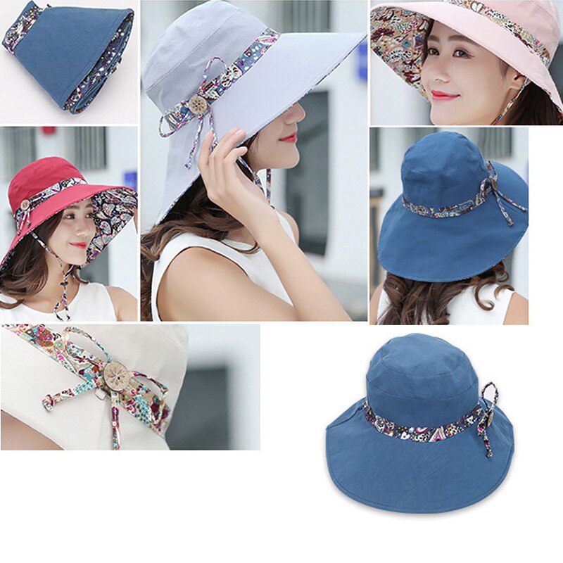Female Flower Print Double-sided Cotton Linen Sun Hat Women Big Wide Brim Anti-UV Foldable Beach Hats Lady's Bucket Hat