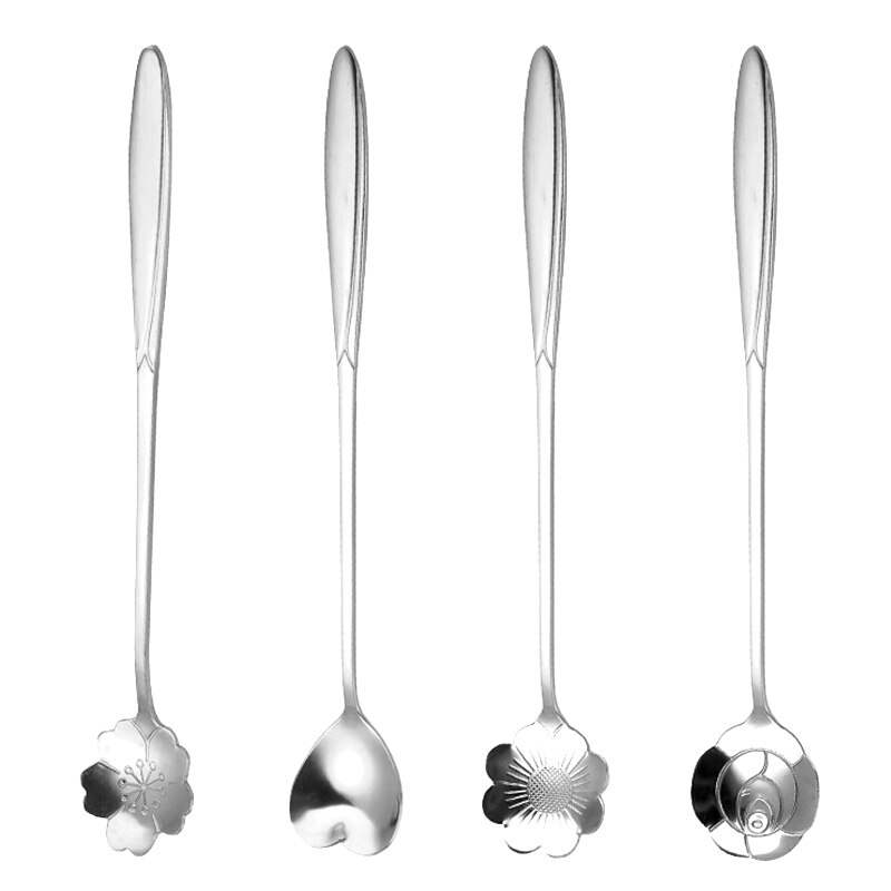 4Pcs Kirschblüten Edelstahl Löffel Vintage Metall Geschnitzte Kaffee Obst Dessert Tee Eis Löffel Küche Besteck: 17.8cm silver