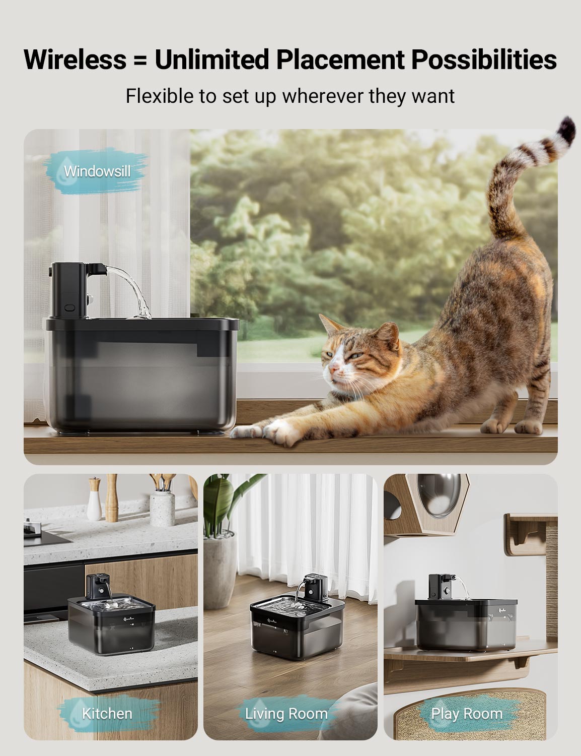DownyPaws Fuente de agua automática para gatos de acero inoxidable de 2,5 L, bebedero inalámbrico negro de 4000 mAh para mascotas, batería y sensor, dispensador 2 en 1