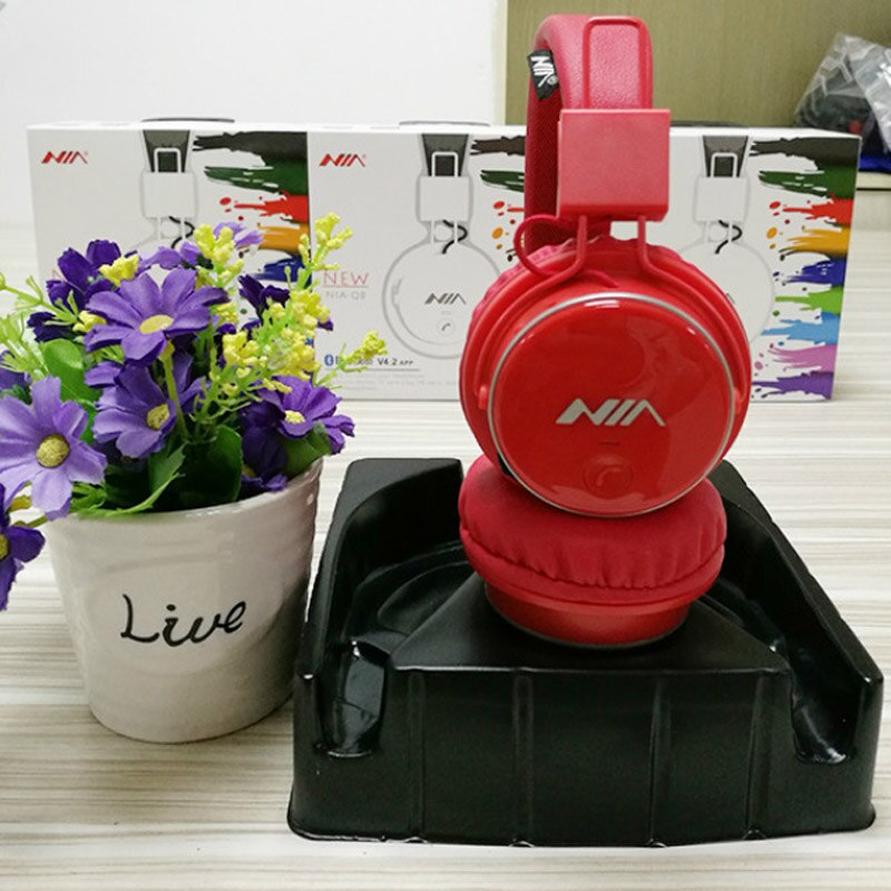 Novos fones de ouvido esportivos dobráveis wirelsee, nia q8, estéreo, bluetooth, suporte a aplicativo com microfone, suporte para cartão tf, rádio fm: Vermelho