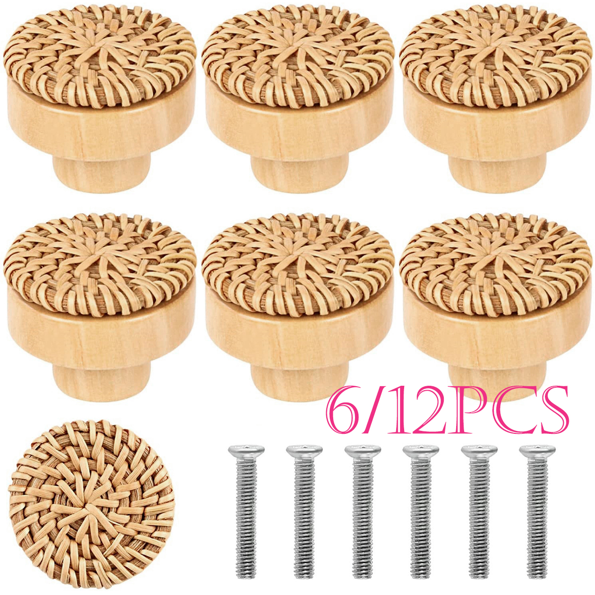6/12PCS Rotan Houten Lade Knoppen Boho Rotan Dressoir Knoppen Ronde Handgemaakte Kasten Dressoir Handgrepen Kast Kastdeur Pull