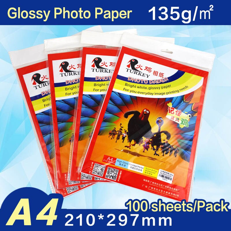 A4 Size Glossy Fotopapier met Verschillende GSM size Hoge Resolutie Foto Papier voor Inkjet Printer: 135gsm 100 sheet A4