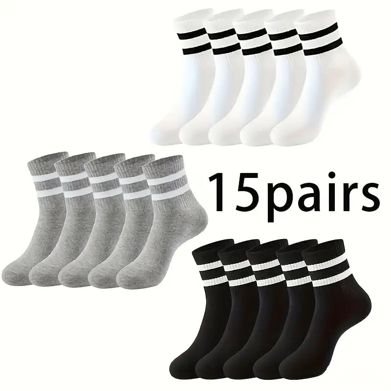 6/10/15/20 Pairs Men Socks Spring Autumn Casual Black White Striped Socks Breathable Mid Tube Sock High Round Neck Socks
