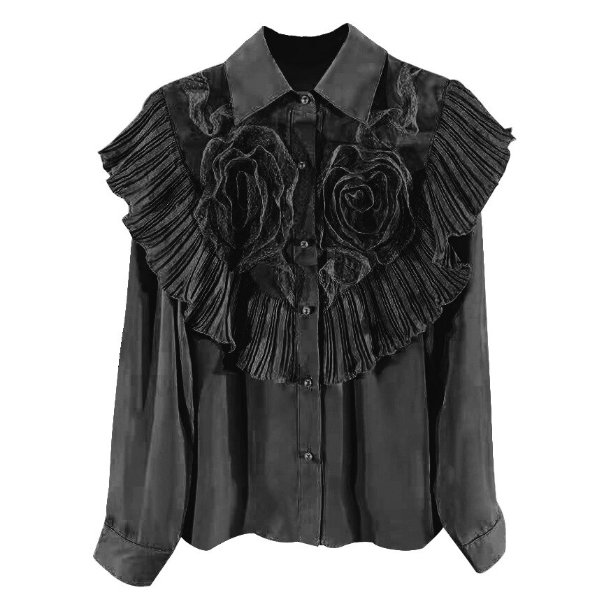 Superaen outono e inverno novo design apliques sólido turn down collar blusas femininas completas