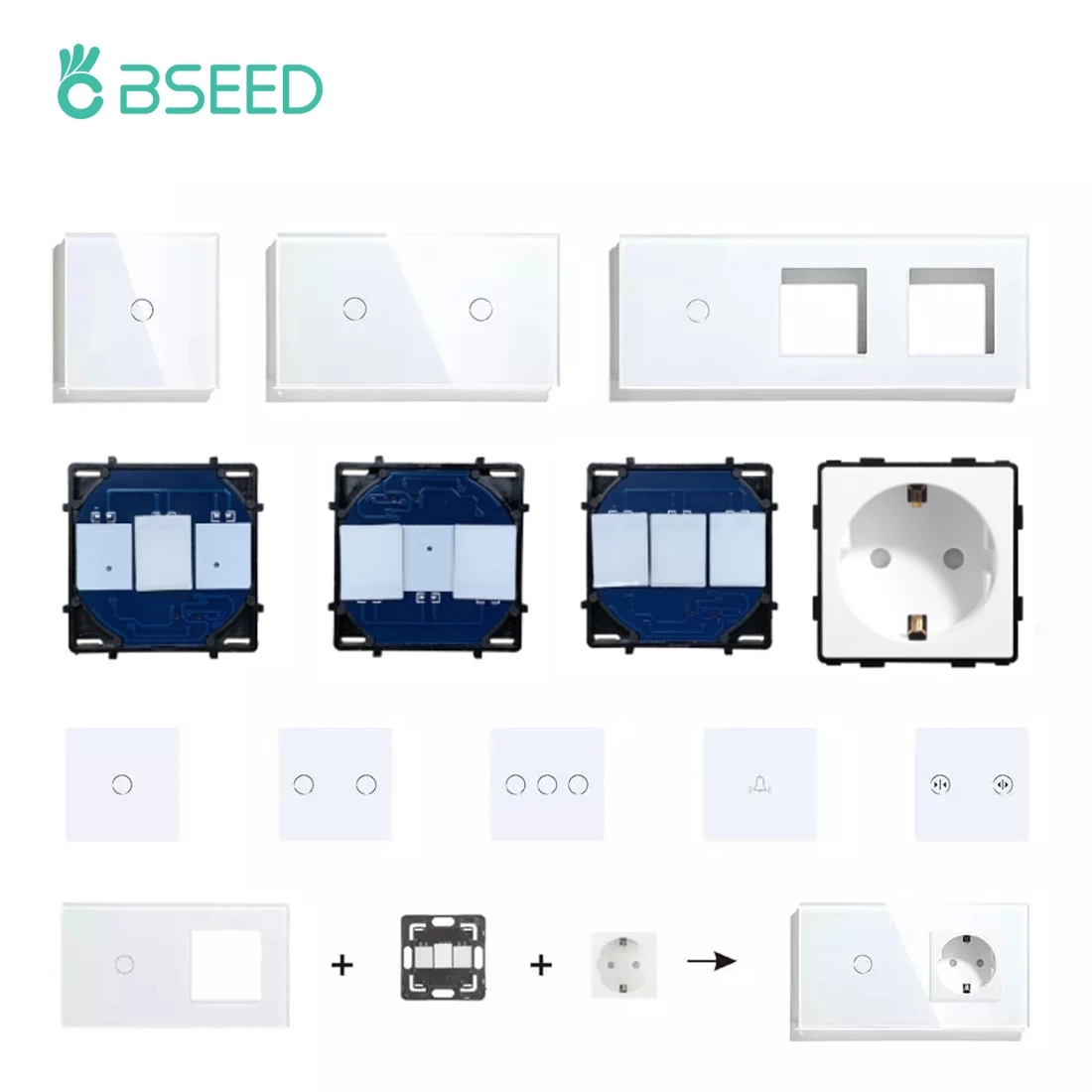 BSEED 1/2/3Gang Light Switch Touch LED Dimmer Sensor Switch Function Keys Wall Panels Glass Frame EU Wall Socket DIY Parts