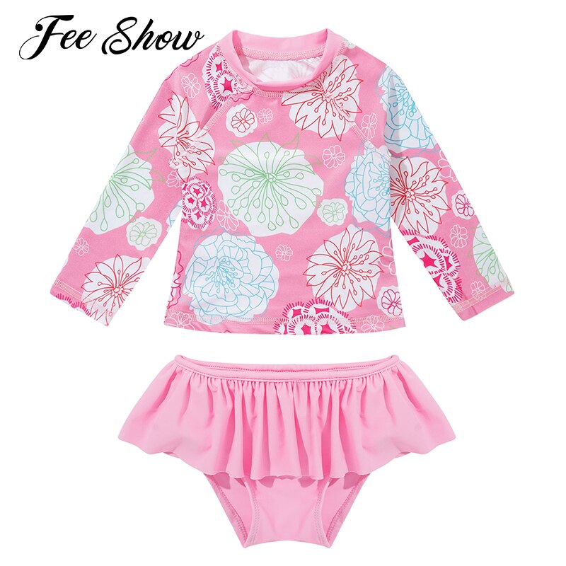 Roze Kids Badmode Kinderen Beachwear Rashguard Set Badpak Rok Bodem Lange Mouw Top Met Bloem Patroon