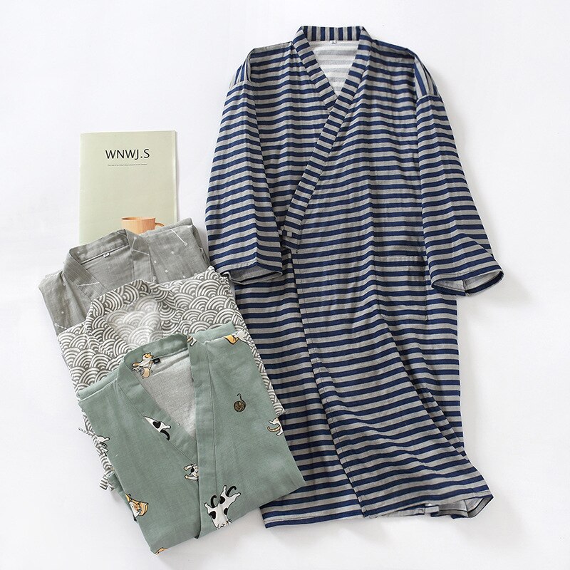Bata de algodón de gasa para hombre, Kimono japonés Yukata fino suelto, pijama con capucha y cuello en V, novedad de 100%