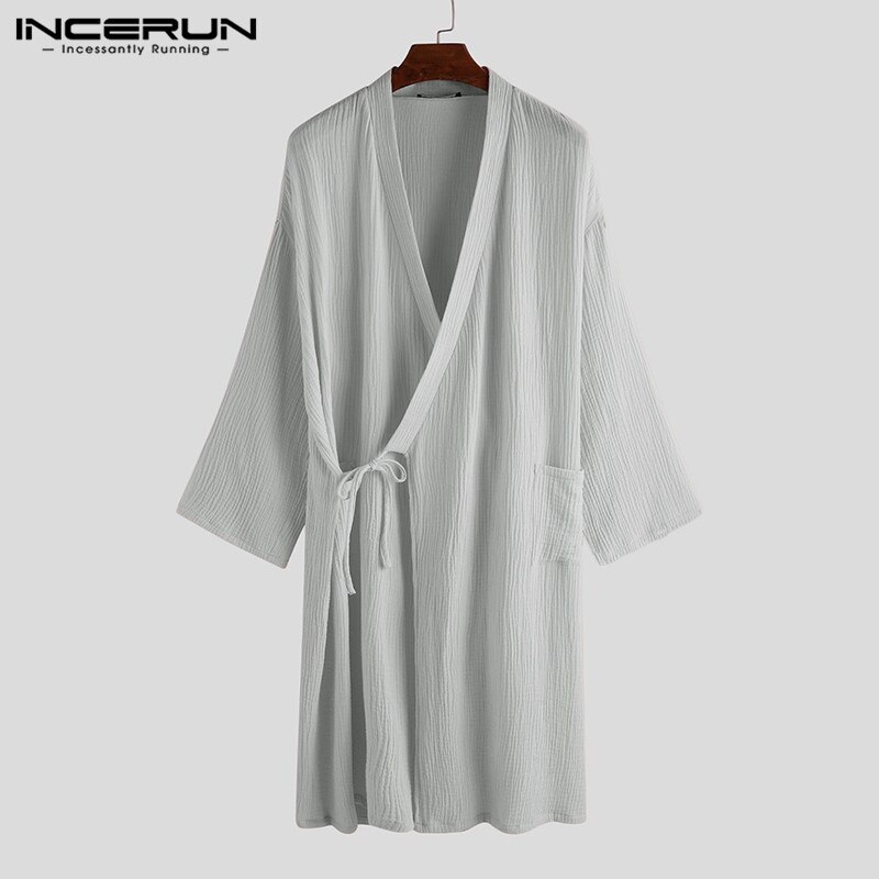 Incerun menn kapper 3/4 -ermet v-hals bomull kimono pustende uformelt japansk nattøy løs unisex pyjamas menn badekåper s -5xl: Grå / Xl