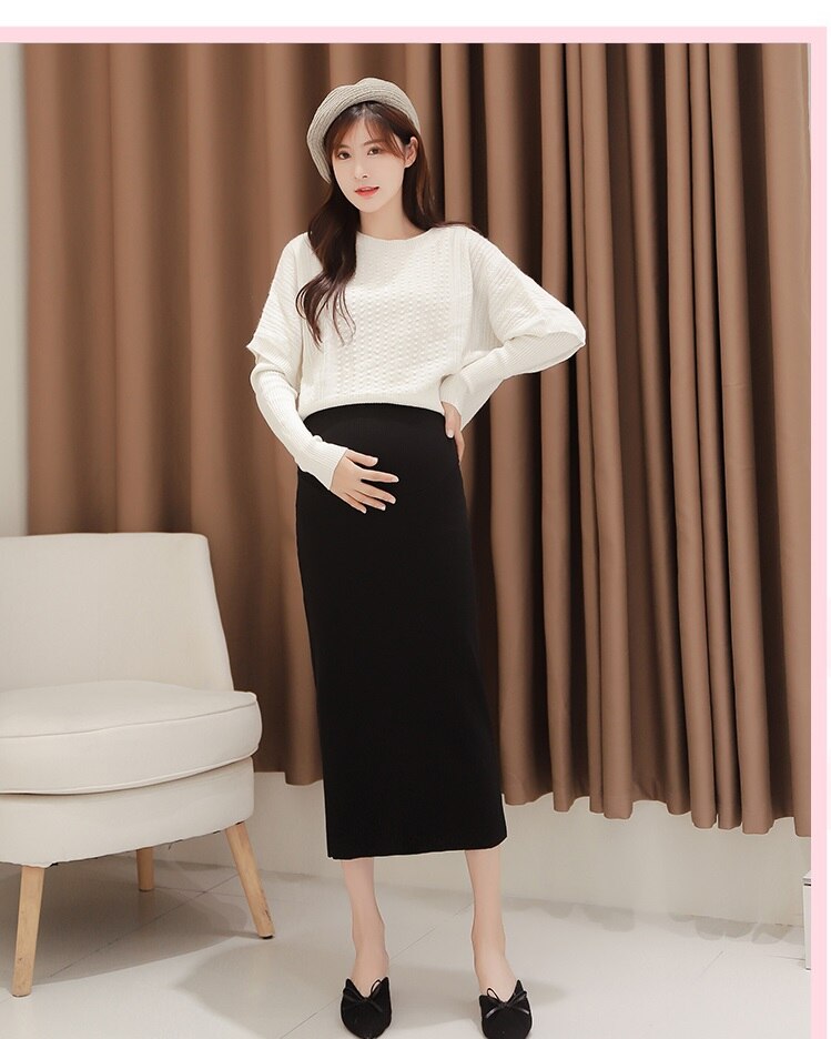 Maternity wear spring and autumn dress in the long of knitted slit skirt hip pregnant comfortable skirt: black / L