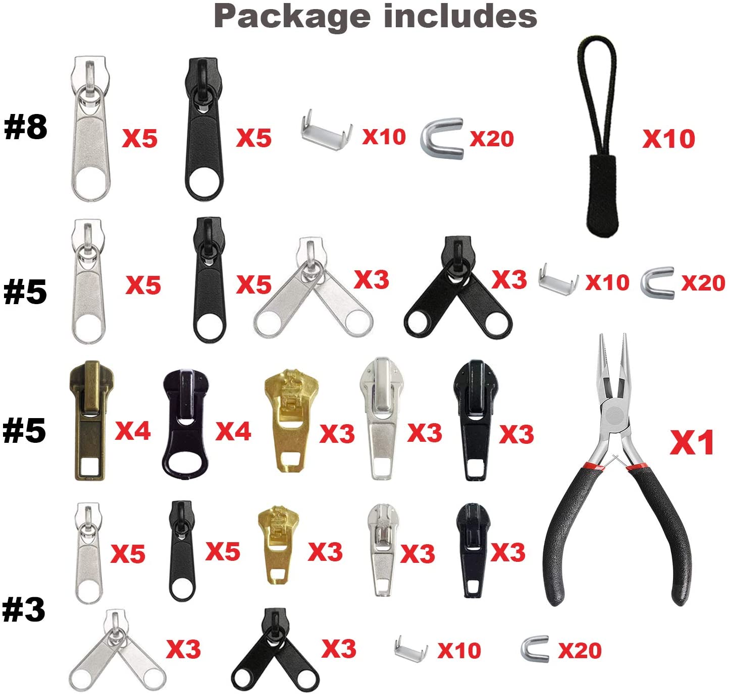 169Pcs Zipper Repair Kit Zipper Replacement Zipper Pull Rescue Kit with Zipper Install Pliers Tool for Clothing Jackets Backpack