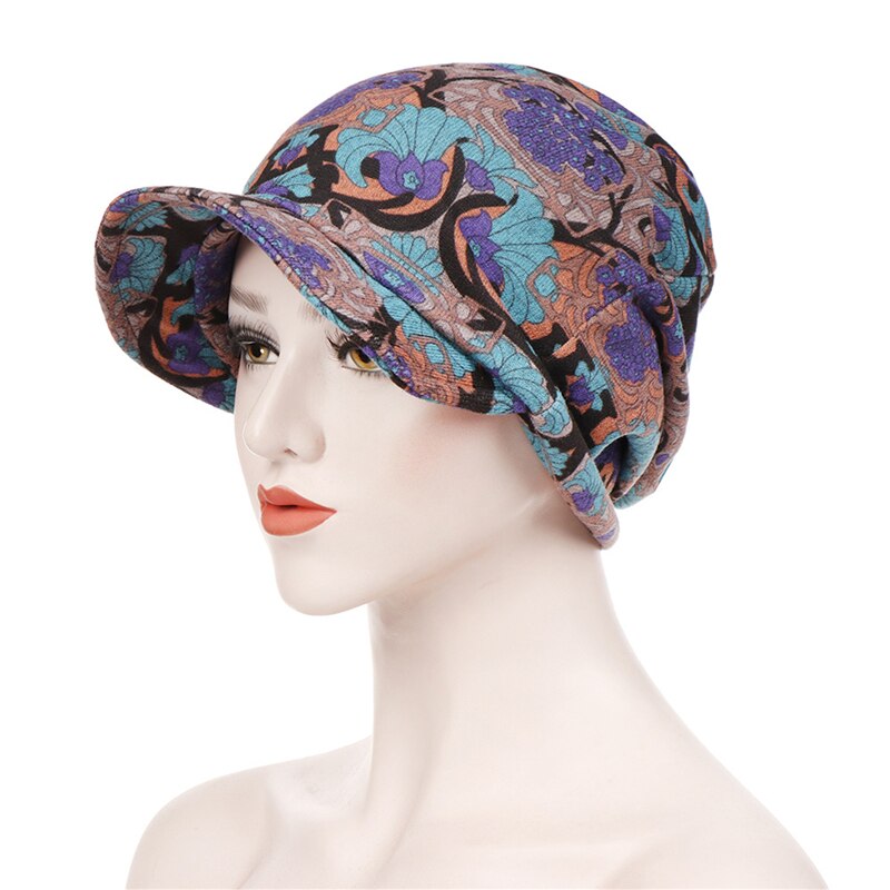 Wide Brim Sun Hat Cotton Hat Hijab Turban Head Wrap Hair Loss Chemo Cap Headscarf Wraps Cover Visor Cap For Women: Blue flower