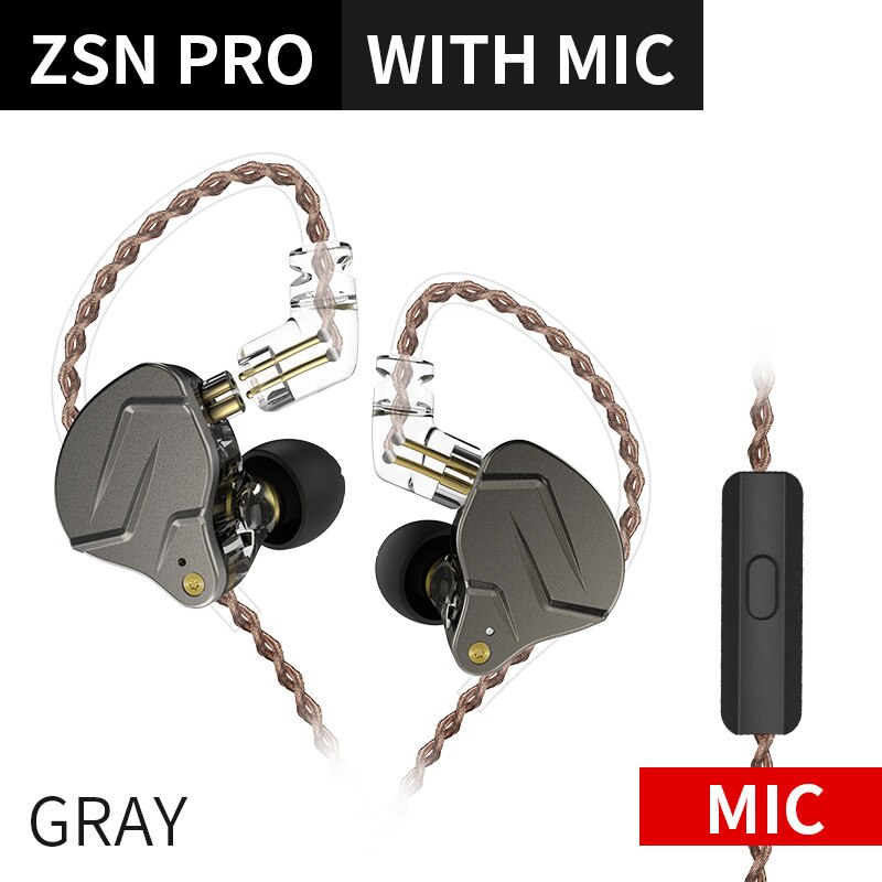 Kz zsn pro 1ba+1dd hybrid in ear earphone hifi dj monito running sport earphone earbud kz  zs10 pro  as10 kz zsx kz zsn pro  as06: Grå med mikrofon