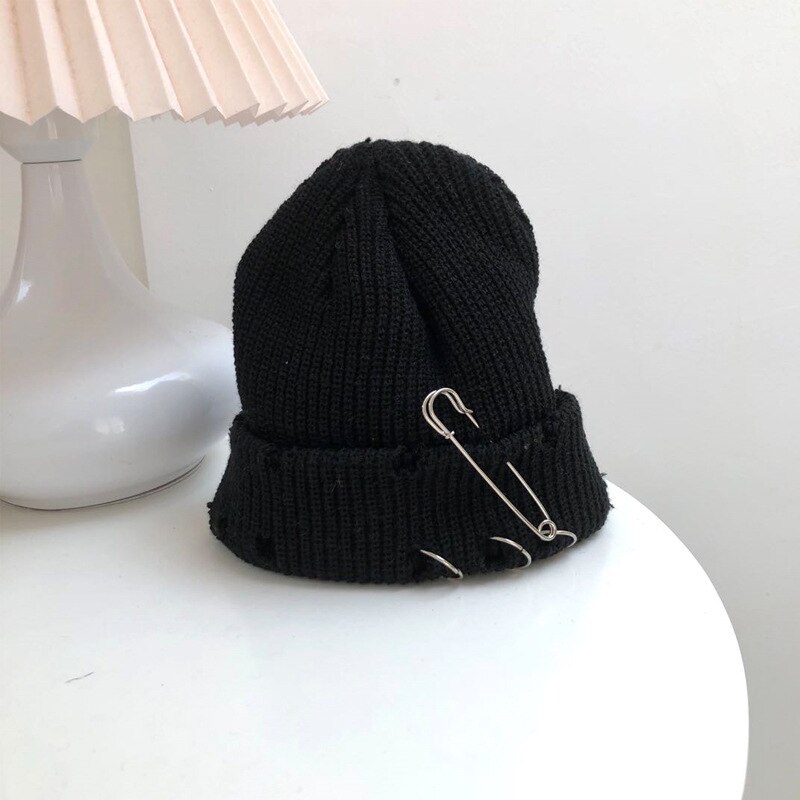 Hole Knitted Hat Doudou Guapi Hat Needle Circle Decoration Personality Hole Hat Solid Color Hip Hop Couple Hat: Black