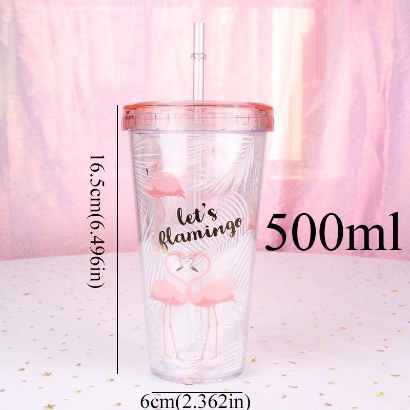 Flamingo plastik kopper med halm drinkware tegneserie drikke beholder dobbelt væg kaffe te mælk juice vand kop krus: To fugle