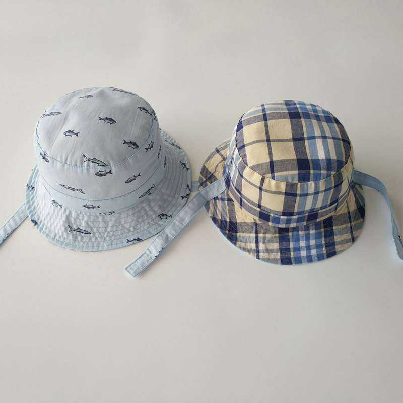 Chapeau de pêche pour enfants | Chapeau, seau, pliable, imprimé écossais, seau, deux côtés, vêtement réversible, animaux, casquettes pour enfants, Protection solaire A1,: Blue 48cm