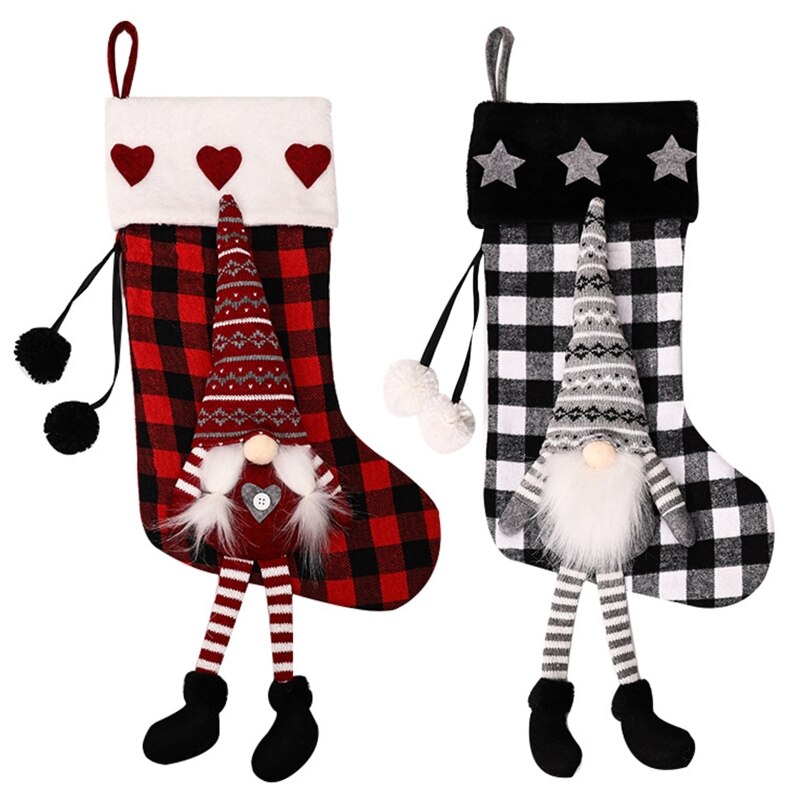 Noël Tomte Gnomes bas Plaid suédois Santa noël chaussette suspendue cheminée H58C