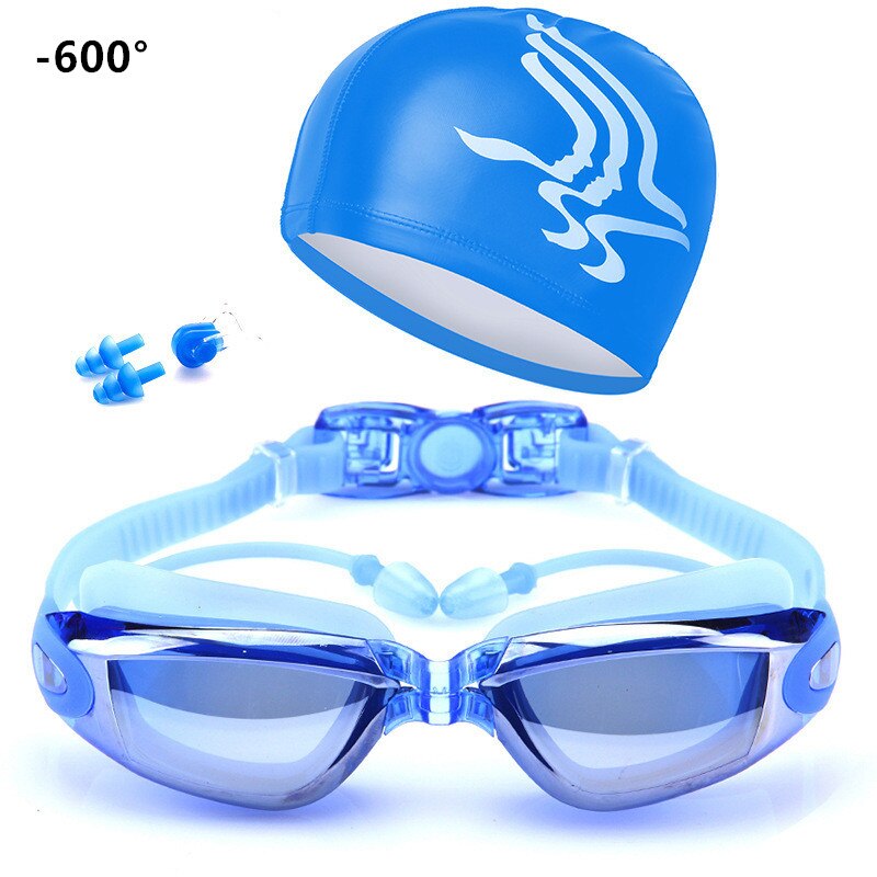 Myopie Schwimmen Brille Mit Hut Ohr Stecker Nase Clip Anzug Wasserdichte Optische Schwimmen Tauchen Gläser Anti-nebel Dioptrien Schwimmen brillen Pool: Blue-600