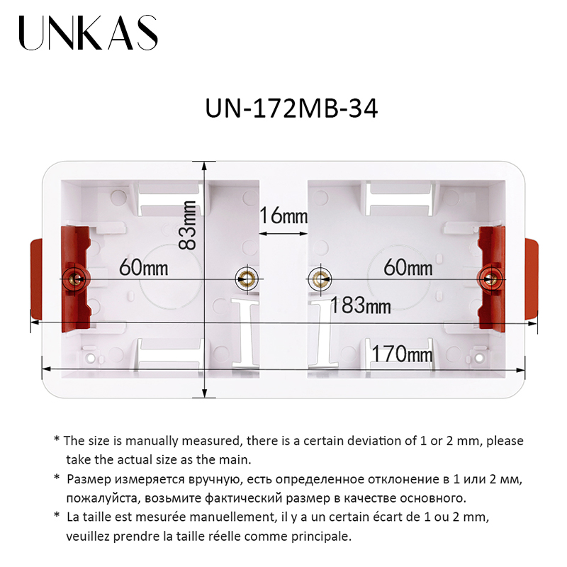 UNKAS-caja de montaje para tablero de yeso, zócalo de interruptor de pared de 34mm de profundidad, 86 tipos 2 Gang 172mm