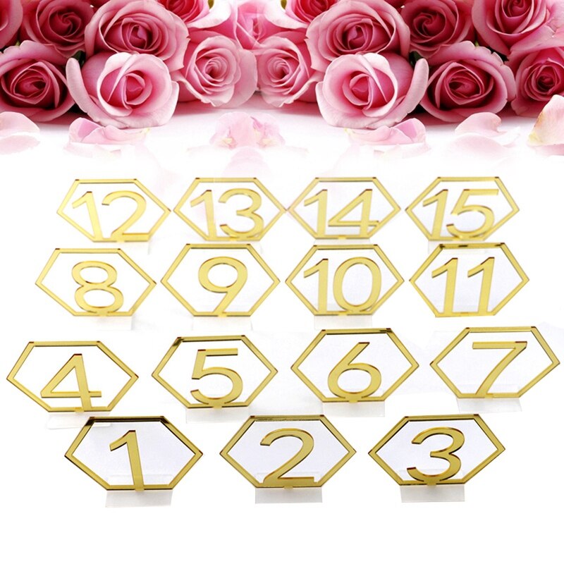Mirror Hexagon Hollow Number 1-15 Wedding Seat Table Number Plate Decoration Crafts
