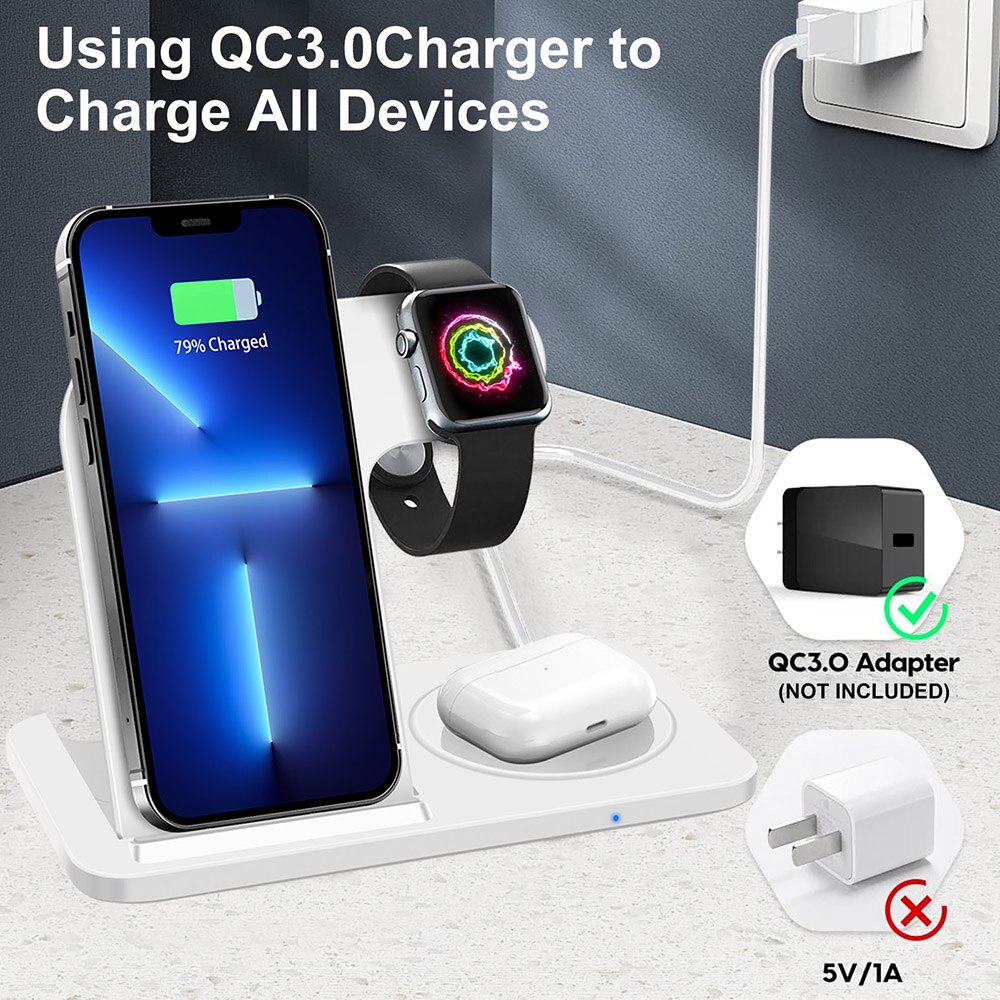 3 In 1 15W Fast Qi Wireless Charger Stand for iPhone 13 12 11 XR X 8 Airports Pro Apple Watch 7 6 Foldable Charging Phone Holder