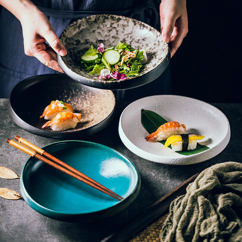 Japanese Art White Thick Edge Ceramic Western Steak Plate Restaurant Hotel High-end Tableware Household 8-inch Salad Sushi Plate